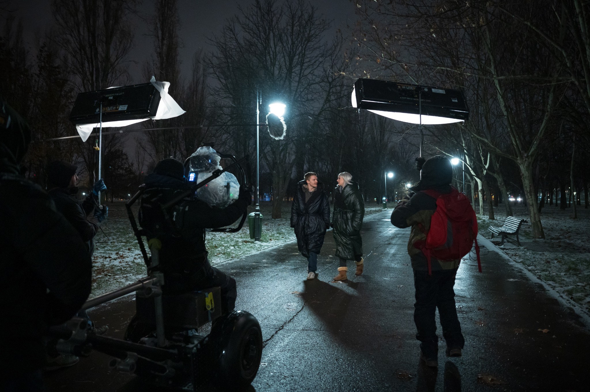 Connor Storrie and Lilly Krug on the set of April X.