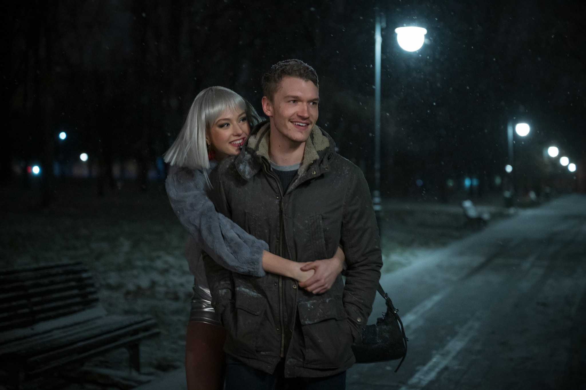 Connor Storrie and Lilly Krug on the set of April X.